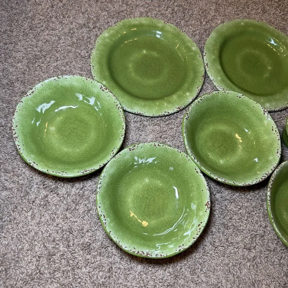 Pier 1 Imports CARMELO Green Melamine Plates Bowls LOT of 9 Snack Set Crackle